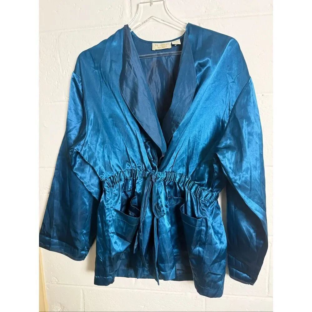Victoria’s Secret Gold Label Teal Blue Satin Robe Smoking Jacket Vintage Loungew